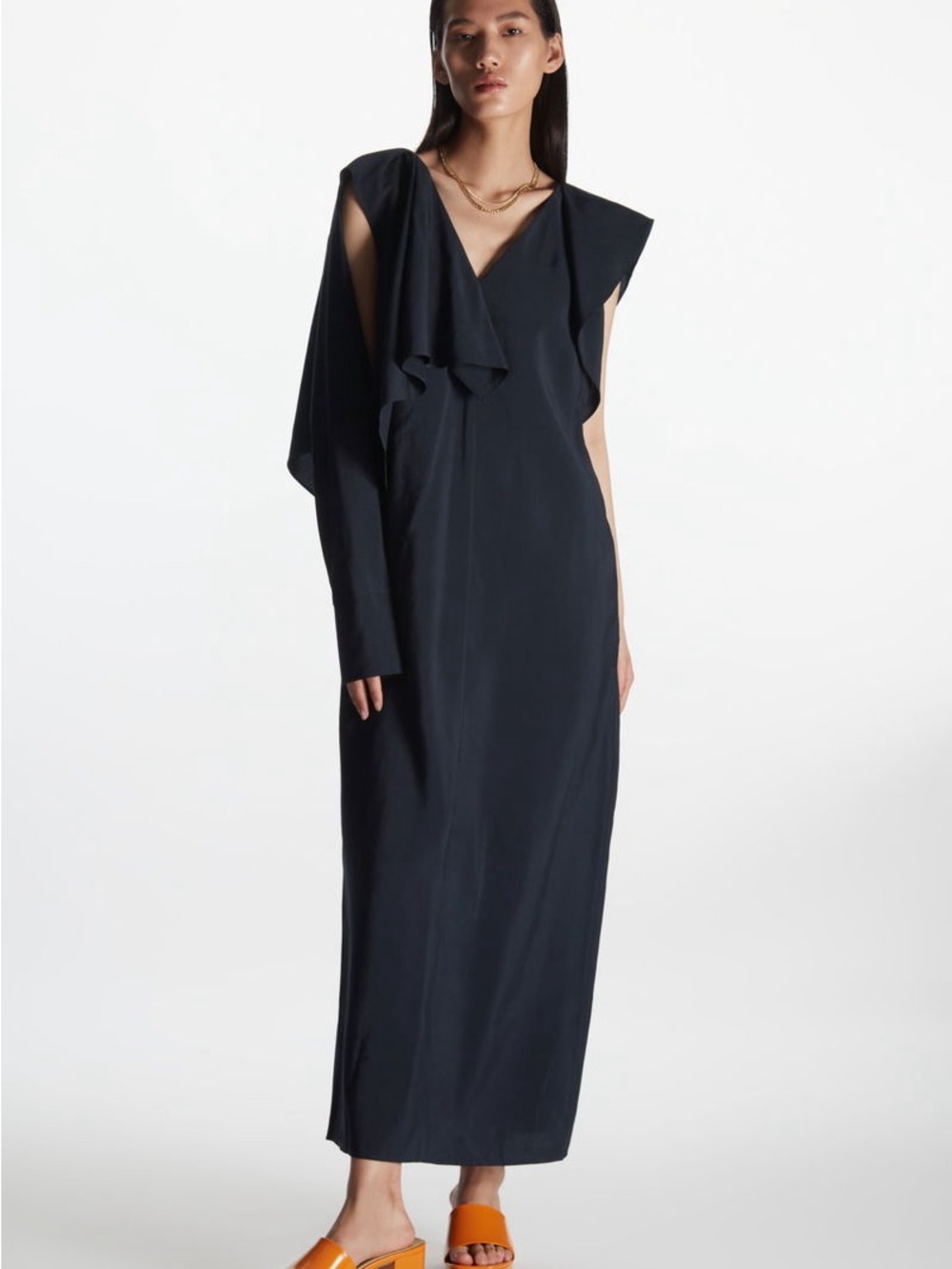 COS Navy Blue Asymmetrical Maxi Dress with Draped Shoulder 8 US